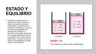 ESTADO Y
EQUILIBRIO
• Considere un sistema que no
experimenta ningún cambio: en
estas circunstancias, todas las
propiedades se pueden medir o
calcular en el sistema, lo cual da un
conjunto de propiedades que
describe por completo la
condición, o el estado, del sistema.
En un estado específico, todas las
propiedades de un sistema tienen
valores fijos, e incluso si cambia el
valor de una propiedad, el estado
cambia a otro diferente.
 
