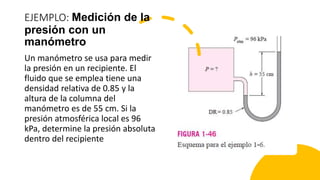 EJEMPLO: Medición de la
presión con un
manómetro
Un manómetro se usa para medir
la presión en un recipiente. El
fluido que se emplea tiene una
densidad relativa de 0.85 y la
altura de la columna del
manómetro es de 55 cm. Si la
presión atmosférica local es 96
kPa, determine la presión absoluta
dentro del recipiente
 