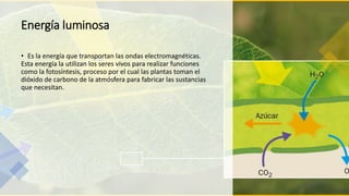 Energía luminosa
• Es la energía que transportan las ondas electromagnéticas.
Esta energía la utilizan los seres vivos para realizar funciones
como la fotosíntesis, proceso por el cual las plantas toman el
dióxido de carbono de la atmósfera para fabricar las sustancias
que necesitan.
 
