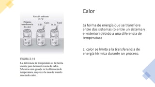 Calor
La forma de energía que se transfiere
entre dos sistemas (o entre un sistema y
el exterior) debido a una diferencia de
temperatura
El calor se limita a la transferencia de
energía térmica durante un proceso.
 