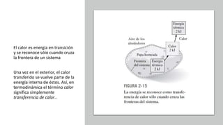 El calor es energía en transición
y se reconoce sólo cuando cruza
la frontera de un sistema
Una vez en el exterior, el calor
transferido se vuelve parte de la
energía interna de éstos. Así, en
termodinámica el término calor
significa simplemente
transferencia de calor..
 
