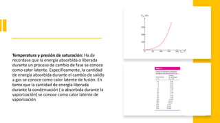 Temperatura y presión de saturación: Ha de
recordase que la energía absorbida o liberada
durante un proceso de cambio de fase se conoce
como calor latente. Específicamente, la cantidad
de energía absorbida durante el cambio de solido
a gas se conoce como calor latente de fusión. En
tanto que la cantidad de energía liberada
durante la condensación ( o absorbida durante la
vaporización) se conoce como calor latente de
vaporización
 