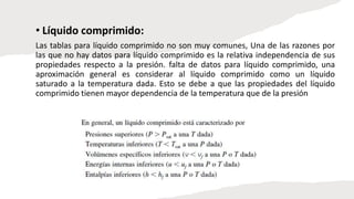 • Líquido comprimido:
Las tablas para líquido comprimido no son muy comunes, Una de las razones por
las que no hay datos para líquido comprimido es la relativa independencia de sus
propiedades respecto a la presión. falta de datos para líquido comprimido, una
aproximación general es considerar al líquido comprimido como un líquido
saturado a la temperatura dada. Esto se debe a que las propiedades del líquido
comprimido tienen mayor dependencia de la temperatura que de la presión
 