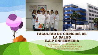 FACULTAD DE CIENCIAS DE
LA SALUD
E.A.P ENFERMERÍA
Asignatura de Bioquímica
Lic. T.M. Julio César Mendez Nina
cesarmendeztm@hotmail.com
 