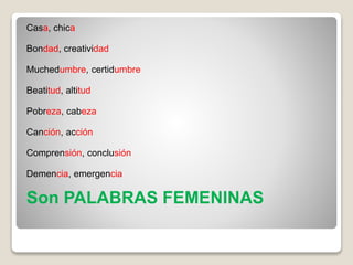 Casa, chica
Bondad, creatividad
Muchedumbre, certidumbre
Beatitud, altitud
Pobreza, cabeza
Canción, acción
Comprensión, conclusión
Demencia, emergencia
Son PALABRAS FEMENINAS
 