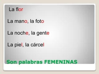 Son palabras FEMENINAS
La flor
La mano, la foto
La noche, la gente
La piel, la cárcel
 