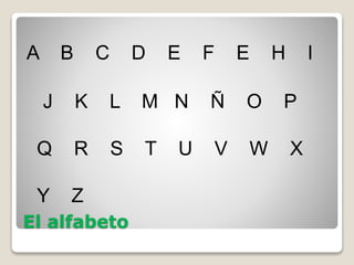 El alfabeto
A B C D E F E H I
J K L M N Ñ O P
Q R S T U V W X
Y Z
 