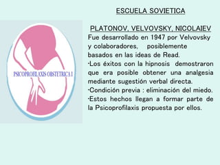 ESCUELA SOVIETICA
PLATONOV, VELVOVSKY, NICOLAIEV
Fue desarrollado en 1947 por Velvovsky
y colaboradores, posiblemente
basados en las ideas de Read.
•Los éxitos con la hipnosis demostraron
que era posible obtener una analgesia
mediante sugestión verbal directa.
•Condición previa : eliminación del miedo.
•Estos hechos llegan a formar parte de
la Psicoprofilaxis propuesta por ellos.
 