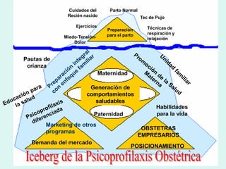 Ejercicios
Preparación
para el parto
Técnicas de
respiración y
relajación
Miedo-Tensión-
Dolor
Tec de Pujo
Cuidados del
Recién nacido
Parto Normal
Generación de
comportamientos
saludables
Maternidad
Paternidad
Demanda del mercado
Habilidades
para la vida
Pautas de
crianza
OBSTETRAS
EMPRESARIOS
Marketing de otros
programas
POSICIONAMIENTO
 