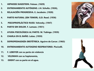 1. HIPNOSIS SUGESTION. Foissac. (1829)
2. ENTRENAMIENTO AUTÓGENO. J.H. Schultz. (1926),
3. RELAJACIÖN PROGRESIVA. E. Jacobsón. (1928)
4. PARTO NATURAL (SIN TEMOR). G.D. Read. (1936)
5. PSICOPROFILÁCTICO RUSO. Velvosky. (1947)
6. PARTO SIN DOLOR. F. Lamaze. (1951)
7. AYUDA PSICOLÓGICA AL PARTO. M. Tubinga. (1959)
8. CHARLA EN EL BAÑO. Lukas. (1959)
9. SOFROPEDAGOGÍA OBSTÉTRICA. Aguirre de Carcer. (1963)
10. ENTRENAMIENTO AUTOGENO RESPIRATORIO. Piscicelli.
11. F. LEBOYER con su parto sin violencia
12. VELDMAN con su haptonomía,
13. ODENT con su parto en el agua.
 