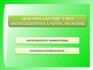 QUE SON LAS NIIF Y SUS
ANTECEDENTES A NIVEL MUNDIAL
ANTECEDENTES Y NORMATIVIDAD
CONTEXTO INTERNACIONAL
 