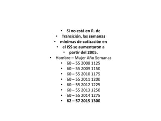 • Si no está en R. de
   • Transición, las semanas
  • mínimas de cotización en
   • el ISS se aumentaron a
      • partir del 2005.
• Hombre – Mujer Año Semanas
     • 60 – 55 2008 1125
     • 60 – 55 2009 1150
     • 60 – 55 2010 1175
     • 60 – 55 2011 1200
     • 60 – 55 2012 1225
     • 60 – 55 2013 1250
     • 60 – 55 2014 1275
     • 62 – 57 2015 1300
 