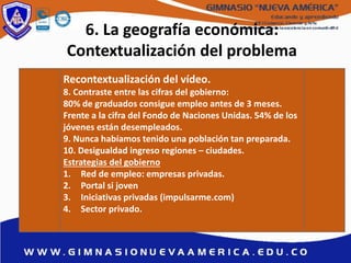 6. La geografía económica:
Contextualización del problema
Recontextualización del vídeo.
8. Contraste entre las cifras del gobierno:
80% de graduados consigue empleo antes de 3 meses.
Frente a la cifra del Fondo de Naciones Unidas. 54% de los
jóvenes están desempleados.
9. Nunca habíamos tenido una población tan preparada.
10. Desigualdad ingreso regiones – ciudades.
Estrategias del gobierno
1. Red de empleo: empresas privadas.
2. Portal si joven
3. Iniciativas privadas (impulsarme.com)
4. Sector privado.
 