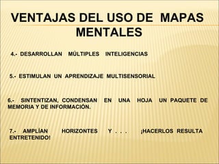 VENTAJAS DEL USO DE MAPAS
        MENTALES
4.- DESARROLLAN   MÚLTIPLES   INTELIGENCIAS



5.- ESTIMULAN UN APRENDIZAJE MULTISENSORIAL



6.- SINTENTIZAN, CONDENSAN    EN   UNA   HOJA   UN PAQUETE DE
MEMORIA Y DE INFORMACIÓN.



7.- AMPLÍAN    HORIZONTES      Y . . .   ¡HACERLOS RESULTA
ENTRETENIDO!
 