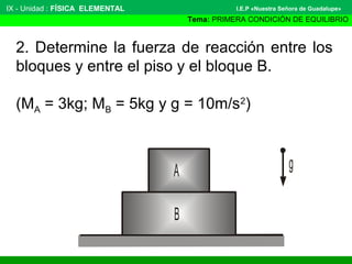2. Determine la fuerza de reacción entre los
bloques y entre el piso y el bloque B.
(MA = 3kg; MB = 5kg y g = 10m/s2
)
B
A g
IX ­ Unidad : FÍSICA ELEMENTAL
Tema: PRIMERA CONDICIÓN DE EQUILIBRIO
I.E.P «Nuestra Señora de Guadalupe»
 