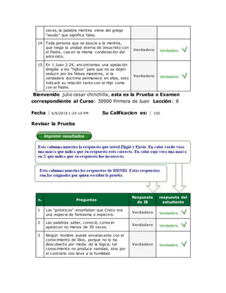 veces, la palabra mentira viene del griego
“seudo” que significa falso.
14 Toda persona que se asocia a la mentira,
que niega la unidad eterna de Jesucristo con
el Padre, cae en la misma condenación del
anticristo.
Verdadero Verdadero
15 En 1 Juan 2:24, encontramos una apelación
dirigida a los “hijitos” para que no se dejen
seducir por los falsos maestros, si la
verdadera doctrina permanece en ellos, esto
indicará su relación tanto con el Hijo como
con el Padre.
Verdadero Verdadero
Bienvenido julio cesar chinchilla, esta es la Prueba o Examen
correspondiente al Curso: 30900 Primera de Juan Lección: 8
Fecha : 6/9/2019 1:24:10 PM Su Calificacion es: : 100
Revisar la Prueba
n. Preguntas
Respuesta
de IB
respuesta del
estudiante
1 Los "gnósticos" enseñaban que Cristo era
una especie de fantasma o espectro.
Verdadero Verdadero
2 Las palabras saber, conoció, conocer
aparecen no menos de 39 veces.
Verdadero Verdadero
3 Ningún hombre puede envanecerse con el
conocimiento de Dios, porque no lo ha
descubierto por medio de la lógica, tal
conocimiento no produce vanidad, sino por
el contrario nos lleva a la humildad.
Verdadero Verdadero
 