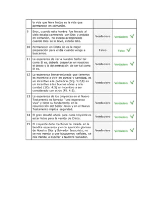 la vida que lleva frutos es la vida que
permanece en comunión.
9 Enoc, cuando este hombre fue llevado al
cielo estaba caminando con Dios y andaba
en comunión, no estaba avergonzado
cuando Dios se lo llevó, estaba listo.
Verdadero Verdadero
10 Permanecer en Cristo no es la mejor
preparación para el día cuando venga a
buscarnos.
Falso Falso
11 La esperanza de ver a nuestro Señor tal
como El es, debería despertar en nosotros
el deseo y la determinación de ser tal como
El es.
Verdadero Verdadero
12 La esperanza bienaventurada que tenemos
es incentivo a vivir en pureza y santidad, es
un incentivo a la paciencia (Stg. 5:7,8) es
un incentivo a las buenas obras y a la
caridad (1Co. 4:5) un incentivo a ser
considerado con otros (Fil. 4:5).
Verdadero Verdadero
13 La esperanza de los creyentes en el Nuevo
Testamento es llamada “una esperanza
viva” y tiene su fundamento en la
resurrección del Señor Jesús y en el Nuevo
Testamento implica seguridad.
Verdadero Verdadero
14 El gran desafió ahora para cada creyente es
estar listos para la venida de Cristo.
Verdadero Verdadero
15 El creyente debe mantener la mirada en la
bendita esperanza y en la aparición gloriosa
de Nuestro Dios y Salvador Jesucristo, no
se nos manda a que busquemos señales, se
nos manda a esperar a Nuestro Salvador.
Verdadero Verdadero
 