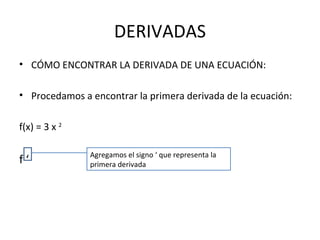 DERIVADAS CÓMO ENCONTRAR LA DERIVADA DE UNA ECUACIÓN: Procedamos a encontrar la primera derivada de la ecuación: f(x) = 3 x  2   f ‘  Agregamos el signo ‘ que representa la primera derivada 
