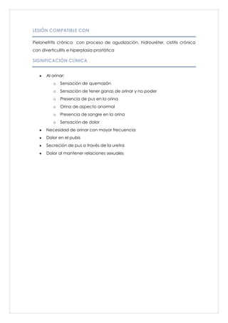 LESIÓN COMPATIBLE CON

Pielonefritis crónica con proceso de agudización, hidrouréter, cistitis crónica
con diverticulitis e hiperplasia prostática

SIGNIFICACIÓN CLÍNICA


       Al orinar:
          o   Sensación de quemazón
          o   Sensación de tener ganas de orinar y no poder
          o   Presencia de pus en la orina
          o   Orina de aspecto anormal
          o   Presencia de sangre en la orina
          o   Sensación de dolor
       Necesidad de orinar con mayor frecuencia
       Dolor en el pubis
       Secreción de pus a través de la uretra
       Dolor al mantener relaciones sexuales
 