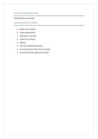 LESIÓN COMPATIBLE CON

Hidronefrosis avanzada

SIGNIFICACIÓN CLÍNICA


      Dolor de costado
      Masa abdominal
      Náuseas y vómitos
      Infección urinaria
      Fiebre
      Micción dolorosa (disuria)
      Aumento de la frecuencia urinaria
      Aumento de la urgencia urinaria
 
