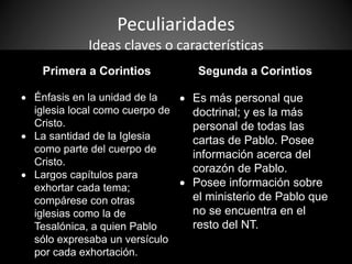 Peculiaridades
Ideas claves o características
Primera a Corintios Segunda a Corintios
 Énfasis en la unidad de la
iglesia local como cuerpo de
Cristo.
 La santidad de la Iglesia
como parte del cuerpo de
Cristo.
 Largos capítulos para
exhortar cada tema;
compárese con otras
iglesias como la de
Tesalónica, a quien Pablo
sólo expresaba un versículo
por cada exhortación.
 Es más personal que
doctrinal; y es la más
personal de todas las
cartas de Pablo. Posee
información acerca del
corazón de Pablo.
 Posee información sobre
el ministerio de Pablo que
no se encuentra en el
resto del NT.
 