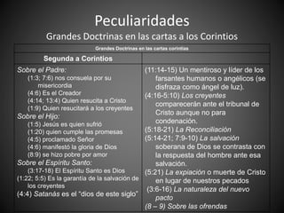 Peculiaridades
Grandes Doctrinas en las cartas a los Corintios
Grandes Doctrinas en las cartas corintias
Segunda a Corintios
Sobre el Padre:
(1:3; 7:6) nos consuela por su
misericordia
(4:6) Es el Creador
(4:14; 13:4) Quien resucita a Cristo
(1:9) Quien resucitará a los creyentes
Sobre el Hijo:
(1:5) Jesús es quien sufrió
(1:20) quien cumple las promesas
(4:5) proclamado Señor
(4:6) manifestó la gloria de Dios
(8:9) se hizo pobre por amor
Sobre el Espíritu Santo:
(3:17-18) El Espíritu Santo es Dios
(1:22; 5:5) Es la garantía de la salvación de
los creyentes
(4:4) Satanás es el “dios de este siglo”
(11:14-15) Un mentiroso y líder de los
farsantes humanos o angélicos (se
disfraza como ángel de luz).
(4:16-5:10) Los creyentes
comparecerán ante el tribunal de
Cristo aunque no para
condenación.
(5:18-21) La Reconciliación
(5:14-21; 7:9-10) La salvación
soberana de Dios se contrasta con
la respuesta del hombre ante esa
salvación.
(5:21) La expiación o muerte de Cristo
en lugar de nuestros pecados
(3:6-16) La naturaleza del nuevo
pacto
(8 – 9) Sobre las ofrendas
 