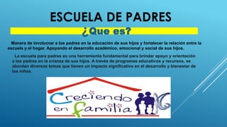 ESCUELA DE PADRES
Manera de involucrar a los padres en la educación de sus hijos y fortalecer la relación entre la
escuela y el hogar. Apoyando el desarrollo académico, emocional y social de sus hijos.
La escuela para padres es una herramienta fundamental para brindar apoyo y orientación
a los padres en la crianza de sus hijos. A través de programas educativos y recursos, se
abordan diversos temas que tienen un impacto significativo en el desarrollo y bienestar de
los niños.
¿Que es?
 