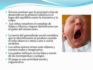  Ericson sostiene que la principal crisis de
desarrollo en la primera infancia es el
logro del equilibrio entre la iniciativa y la
culpa:
 Los niños resuelven el complejo de
Edipo o Electra y logran identificarse con
el padre del mismo sexo.
 La teoría del aprendizaje social considera
que la identificación se produce cuando
el niño observa e imita a uno o varios
modelos.
 Los niños sienten temor ante objetos y
eventos reales o imaginarios.
 Los padres influyen en los hijos a través
de las recompensas y castigos.
 El juego es una actividad social y
cognoscitiva.
 