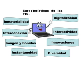 Características de las
TIC.
Inmaterialidad
Interconexión
Imagen y Sonidos
Digitalización
Interactividad
Innovaciones
Instantaneidad Diversidad
 