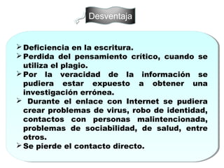 Desventaja
Deficiencia en la escritura.
Perdida del pensamiento crítico, cuando se
utiliza el plagio.
Por la veracidad de la información se
pudiera estar expuesto a obtener una
investigación errónea.
 Durante el enlace con Internet se pudiera
crear problemas de virus, robo de identidad,
contactos con personas malintencionada,
problemas de sociabilidad, de salud, entre
otros.
Se pierde el contacto directo.
Deficiencia en la escritura.
Perdida del pensamiento crítico, cuando se
utiliza el plagio.
Por la veracidad de la información se
pudiera estar expuesto a obtener una
investigación errónea.
 Durante el enlace con Internet se pudiera
crear problemas de virus, robo de identidad,
contactos con personas malintencionada,
problemas de sociabilidad, de salud, entre
otros.
Se pierde el contacto directo.
 