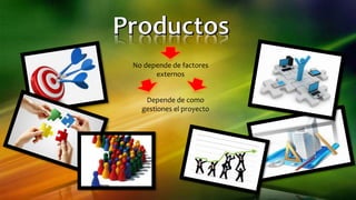 No depende de factores
externos
Depende de como
gestiones el proyecto
 