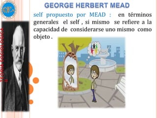 self propuesto por MEAD : en términos
generales el self , si mismo se refiere a la
capacidad de considerarse uno mismo como
objeto .
 