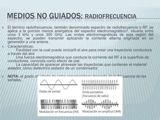 MEDIOS NO GUIADOS: RADIOFRECUENCIA






El término radiofrecuencia, también denominado espectro de radiofrecuencia o RF, se
aplica a la porción menos energética del espectro electromagnético7, situada entre
unos 3 kHz y unos 300 GHz. Las ondas electromagnéticas de esta región del
espectro, se pueden transmitir aplicando la corriente alterna originada en un
generador a una antena.
Características:
·
Facilidad con la cual puede ionizar8 el aire para crear una trayectoria conductora
a través del aire
·
Una fuerza electromagnética que conduce la corriente del RF a la superficie de
conductores, conocida como efecto de piel.
·
La capacidad de aparecer atravesar las trayectorias que contienen el material
aislador, como dieléctrico aislador de un condensador
NOTA: el grado de efecto de estas características depende de la frecuencia de las
señales..

 