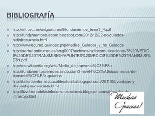 BIBLIOGRAFÍA













http://ait.upct.es/asignaturas/ft/fundamentos_tema3_4.pdf
http://fundamentostelecom.blogspot.com/2012/12/22-no-guiadosradiofrecuencia.html
http://www.ecured.cu/index.php/Medios_Guiados_y_no_Guiados
http://serbal.pntic.mec.es/srug0007/archivos/radiocomunicaciones/5%20MEDIO
S%20DE%20TRANSMISION/APUNTES%20MEDIOS%20DE%20TRANSMISI%
D3N.pdf
http://es.wikipedia.org/wiki/Medio_de_transmisi%C3%B3n
http://fundamentosderedes.jimdo.com/3-nivel-f%C3%ADsico/medios-detransmisi%C3%B3n-guiados/
http://tallerdeinformaticacalderaluis5a.blogspot.com/2011/05/ventajas-ydesventajas-del-cable.html
http://lizz-teoriadelastelecomunicaciones.blogspot.com/p/senales-deinfrarrojo.html

 