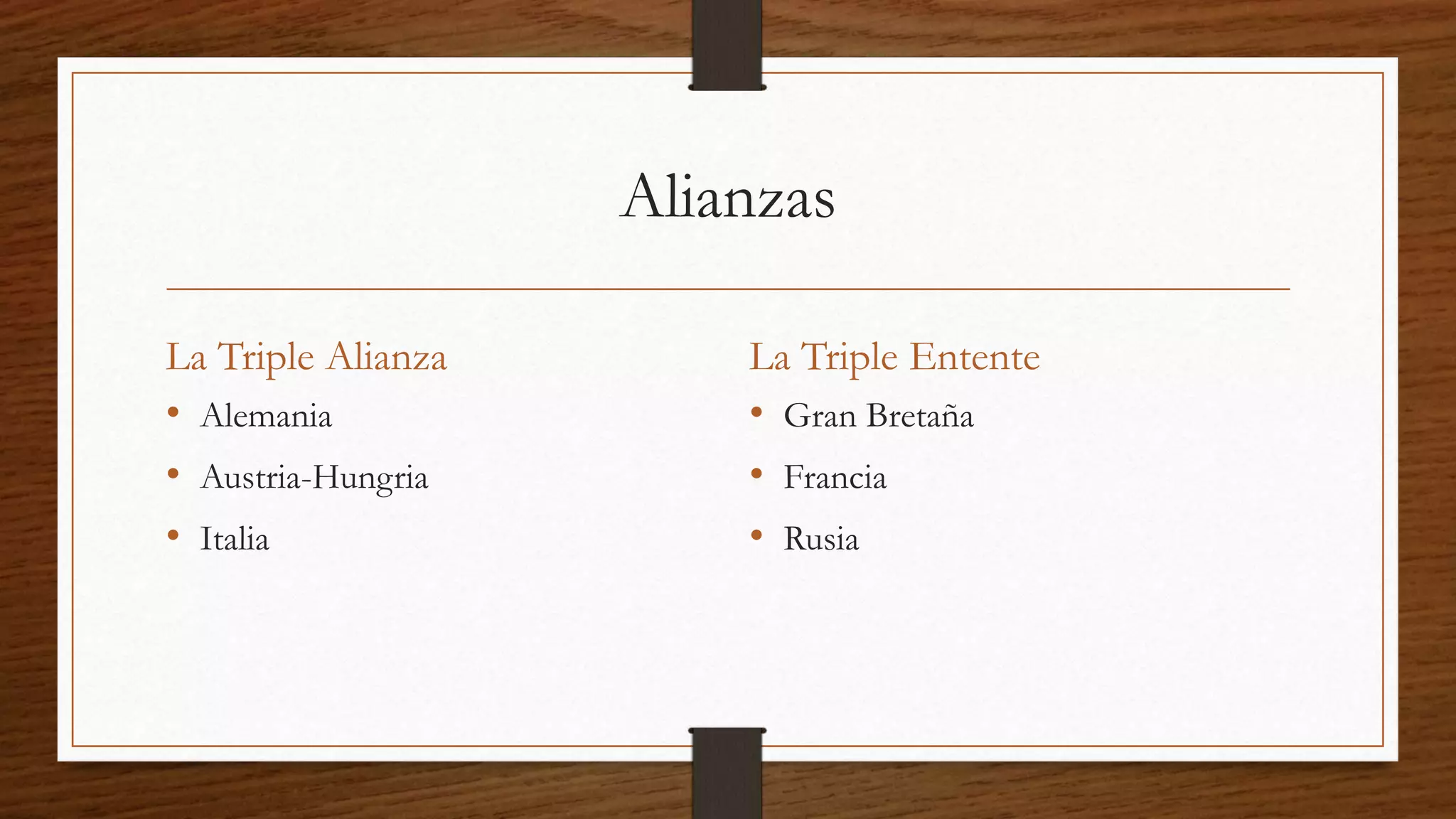 Alianzas
La Triple Alianza
• Alemania
• Austria-Hungria
• Italia
La Triple Entente
• Gran Bretaña
• Francia
• Rusia
 