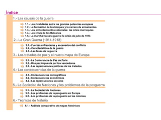 1.- Las causas de la guerra
1.1.- Las rivalidades entre las grandes potencias europeas
1.2.- La formación de los bloques y la carrera de armamentos
1.3.- Los enfrentamientos coloniales: las crisis marroquíes
1.4.- Las crisis de los Balcanes
1.5.- La marcha hacia la guerra: la crisis de julio de 1914
2.- La Gran Guerra (1914-1918)
2.1.- Fuerzas enfrentadas y escenarios del conflicto
2.2.- Características de la guerra
2.3.- Las fases de la guerra
3.- Los tratados de paz y el nuevo mapa de Europa
3.1.- La Conferencia de Paz de París
3.2.- Una paz impuesta por los vencedores
3.3.- Las repercusiones políticas de los tratados
Índice
4.- Las consecuencias de la guerra
4.1.- Consecuencias demográficas
4.2.- Consecuencias económicas
4.2.- Las repercusiones sociales
6.- Técnicas de historia
6.1.- Análisis comparativo de mapas históricos
5.- La Sociedad de Naciones y los problemas de la posguerra
5.1.- La Sociedad de Naciones
5.2.- Los problemas de la posguerra en Europa
5.2.- Los problemas de la posguerra en las colonias
 
