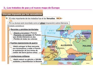 Una paz impuesta por los vencedores
El más importante de los tratados fue el de Versalles DOC. 14
3.- Los tratados de paz y el nuevo mapa de Europa
-Por su dureza será recordado como el diktat (imposición) sobre Alemania
El tratado consistía en
Recortes y pérdidas territoriales
-Alsacia y la Lorena a Francia
-Posnania y el corredor de Polonia
que dividía Alemania en dos
-Pérdida de todas las colonias
Fuertes reparaciones de guerra
-Debió entregar la flota mercante,
sus locomotoras y ceder a Francia
la explotación de sus minas de
carbón del Sarre (quince años)
Limitaciones militares
-Debió reducir su ejército a 100.000
soldados y desmilitarizar la Renania
 
