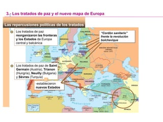Las repercusiones políticas de los tratados
Los tratados de paz
reorganizaron las fronteras
y los Estados de Europa
central y balcánica
3.- Los tratados de paz y el nuevo mapa de Europa
“Cordón sanitario”
frente la revolución
bolchevique
Los tratados de paz de Saint
Germain (Austria), Trianon
(Hungría), Neuilly (Bulgaria)
y Sèvres (Turquía)
-establecieron
nuevos Estados
 