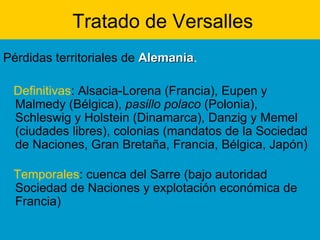 Tratado de Versalles Pérdidas territoriales de  Alemania .   Definitivas : Alsacia-Lorena (Francia), Eupen y Malmedy (Bélgica),  pasillo polaco  (Polonia), Schleswig y Holstein (Dinamarca), Danzig y Memel (ciudades libres), colonias (mandatos de la Sociedad de Naciones, Gran Bretaña, Francia, Bélgica, Japón) Temporales : cuenca del Sarre (bajo autoridad Sociedad de Naciones y explotación económica de Francia)   