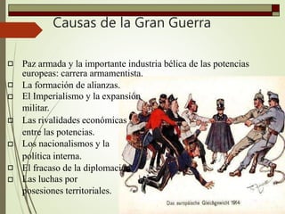 Causas de la Gran Guerra







Paz armada y la importante industria bélica de las potencias
europeas: carrera armamentista.
La formación de alianzas.
El Imperialismo y la expansión
militar.
Las rivalidades económicas
entre las potencias.
Los nacionalismos y la
política interna.
El fracaso de la diplomacia.
Las luchas por
posesiones territoriales.
 