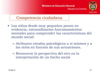 Los niños desde muy pequeños ponen en evidencia, extraordinarios funcionamientos mentales para comprender las características del mundo social: Atribuyen estados psicológicos a sí mismos y a los otros en función de sus actuaciones. Reconocen la perspectiva del otro en la interpretación de un hecho social 25/06/11 Competencia ciudadana 