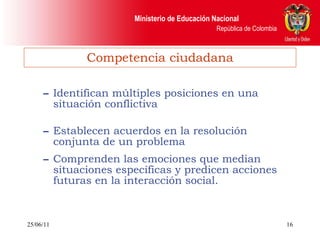 Identifican múltiples posiciones en una situación conflictiva Establecen acuerdos en la resolución conjunta de un problema Comprenden las emociones que median situaciones específicas y predicen acciones futuras en la interacción social. Competencia ciudadana 25/06/11 