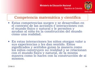 Competencia matemática y científica Estas competencias surgen y se desarrollan en el contexto de las acciones e interacciones con el mundo físico y natural y le permiten y ayudan al niño en la construcción del mundo como una realidad. En estas interacciones los niños otorgan valor a sus experiencias y les dan sentido. Estos significados y sentidos guían la manera como los niños construyen su realidad y se relacionan con el mundo físico y natural, de la misma manera como lo hacen con la construcción de sí mismos. 25/06/11 
