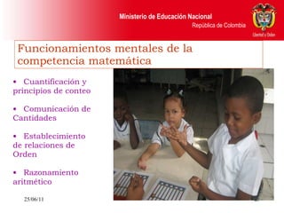 Funcionamientos mentales de la competencia matemática Cuantificación y principios de conteo Comunicación de  Cantidades Establecimiento  de relaciones de  Orden Razonamiento  aritmético   25/06/11 