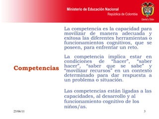 25/06/11 Competencias La competencia es la capacidad para movilizar de manera adecuada y exitosa las diferentes herramientas o funcionamientos cognitivos, que se poseen, para enfrentar un reto. La competencia implica estar en condiciones de “hacer”, “saber hacer”, “saber que se sabe” y “movilizar recursos” en un contexto determinado para dar respuesta a un problema o situación. Las competencias están ligadas a las capacidades, al desarrollo y al funcionamiento cognitivo de los niños/as. 