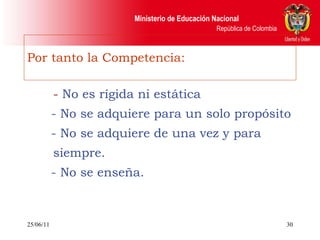 Por tanto la Competencia: -  No es rígida ni estática - No se adquiere para un solo propósito - No se adquiere de una vez y para siempre. - No se enseña. 25/06/11 