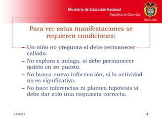 Para ver estas manifestaciones se requieren condiciones: Un niño no pregunta si debe permanecer callado. No explora e indaga, si debe permanecer quieto en su puesto. No busca nueva información, si la actividad no es significativa. No hace inferencias ni plantea hipótesis si debe dar solo una respuesta correcta. 25/06/11 