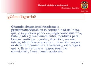 ¿Cómo lograrlo? Creando situaciones retadoras o problematizadoras en la cotidianidad del niño, que le impliquen poner en juego conocimientos, habilidades y funcionamientos mentales para: buscar, anticipar, contar, describir, narrar, inferir, identificar emociones, reconocer reglas, es decir, proponiendo actividades y estrategias que lo lleven a buscar respuestas, dar soluciones y hacer construcciones. 25/06/11 