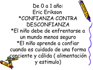 De 0 a 1 año: Eric Erikson  *CONFIANZA CONTRA DESCONFIANZA *El niño debe de enfrentarse a un mundo menos seguro *El niño aprende a confiar cuando es cuidado de una forma conciente y cálida ( alimentación y estimulo) 