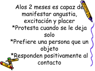 Alos 2 meses es capaz de manifestar angustia, excitación y placer *Protesta cuando se le deja solo *Prefiere una persona que un objeto *Responden positivamente al contacto 